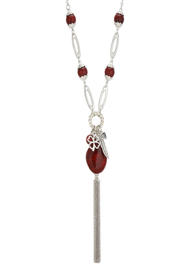 BULINLIN Long Chunky Pendant Necklaces for Women Silver Tassel Sweater Chain with Beaded Pendant Birthday Gifts for Mom Fashion Costume Jewelry(Dark Red) - Image 1